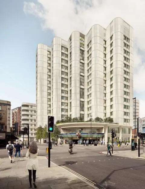 Allford Hall Monaghan Morris Architectural rendering showing a tall, modern high-rise with curved facade above Southwark Underground entrance, surrounded by pedestrians and traffic at a busy city intersection.
