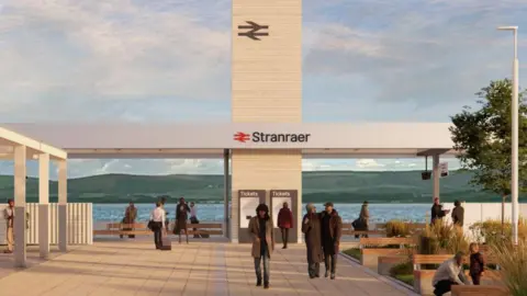 A computer generated impression of how the new station might look in Stranraer with people milling about and water in the background