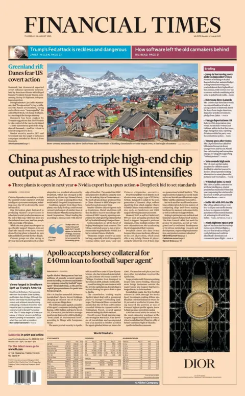 The headline on the front page of the Financial Times reads: "China pushes to triple high-end chip output as AI race with US intensifies".