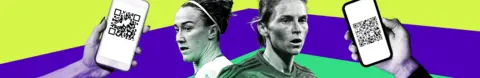 Banner with green and purple colours. There are images of two tickets on a phone, one England footballer and one Welsh footballer. 