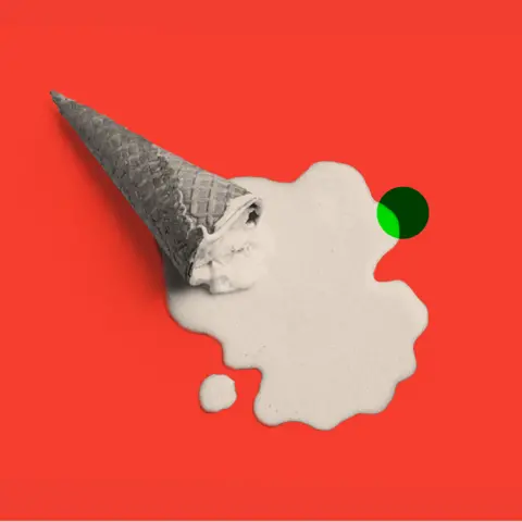 BBC A treated image showing a black and white ice cream melting onto a red background