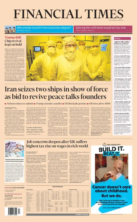 "Iran seizes two ships in show of force as bid to revive peace talk founders" reads the headline on the front page of the Financial Times.