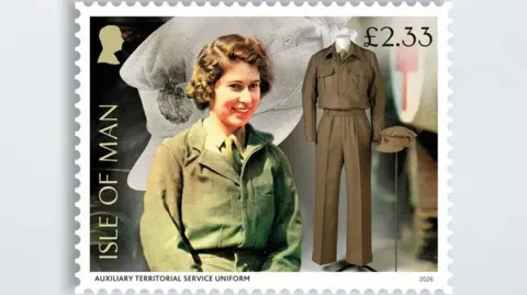 IOMPO/ROYAL COLLECTION A stamp featuring the Auxiliary Territorial Service Uniform, a khaki shirt and tailored trousers along with an image of the then Princess Elizabeth wearing it.