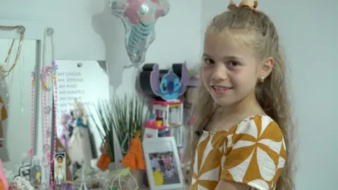 A young girl stands in front of of a selection of toys, jewellery and a balloon. She has blonde hair which is half tied back off her face. She is wearing a mustard and white-patterned dress.