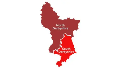 Red graphic map of Derbyshire with top half darker red labelled 'north Derbyshire' bottom half brighter red labelled 'south Derbyshire'