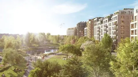 Sheffield Hallam University An artist's impression shows several high rise buildings overlooking a lake with lawns and dozens of trees