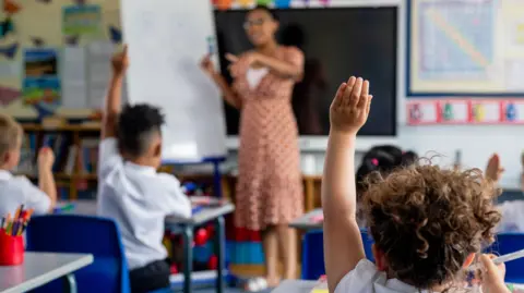 Getty Images A teacher in a classroom standing at the front of a class as two children hold their arms up in the air. The teacher is wearing a dress and pointing, the children have their backs to the camera 