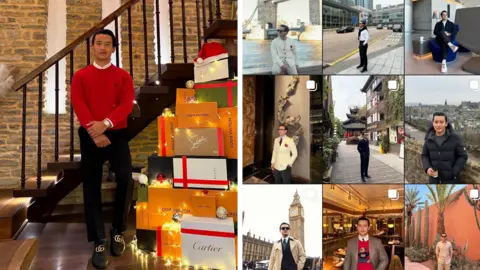 Saugat Thapa/Instagram A screenshot showing an Instagram profile, with nine different photos. Each one includes Saugat Thapa. One the left he stands with a pile of designer label boxes made to look like a Christmas tree