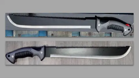 Two ample  knives, shown 1  connected  apical  of the other, which look  to beryllium  identical. Both the knives person  sharpened blades that are besides  serrated connected  1  side. They person  grey and achromatic  integrative  handles with what look  to beryllium  2  metallic  fixings. 