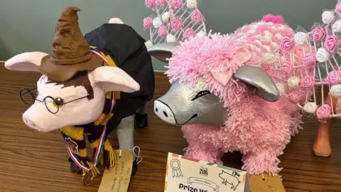 Calne Arts & Music Festival A pig dressed like Harry Potter on the left, wearing the black Hogwarts robes, scarf, Harry Potter round glasses, the arting hat and having the lightning-bolt scar painted on. He has an award medal on.
On the right is People's Vote winner Rosie the flying piggie. She is mostly pink and woolly with wings.