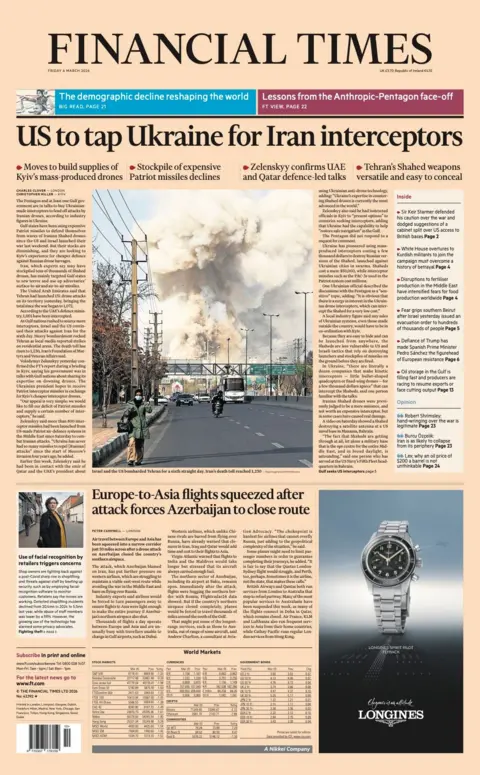 The headline on the front page of the Financial Times reads: “US to tap Ukraine for Iran interceptors”.