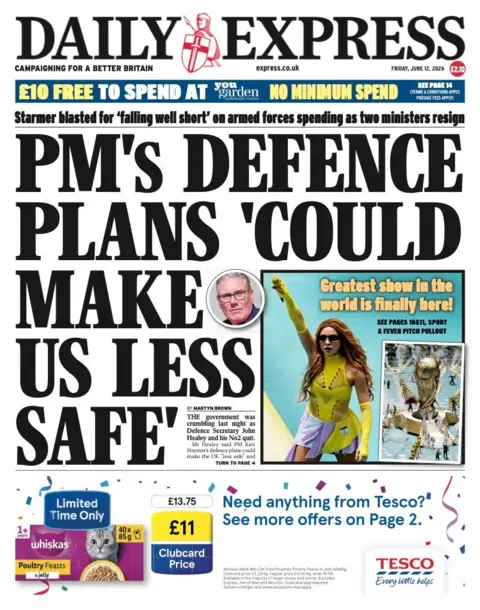 The headline on the front page of the Daily Express reads: "PM's defence plans could make us less safe."