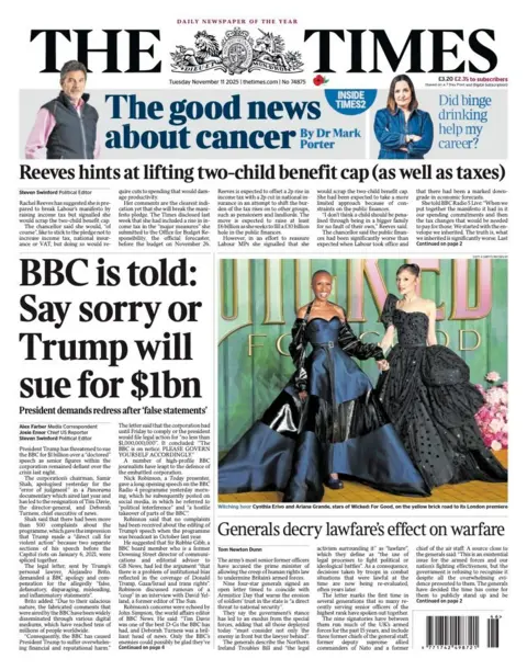 9f895ff0-be8a-11f0-ae46-bd64331f0fd4.jpg 'Trump to sue BBC for $1bn' and 'Reeves to ditch two-child benefit cap'