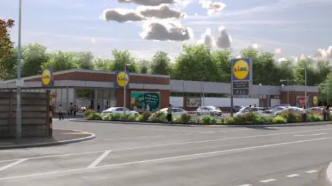 Lidl/Royal Pilgrim Communications Artist's impression of the one-storey Lidl store with car park surrounding it