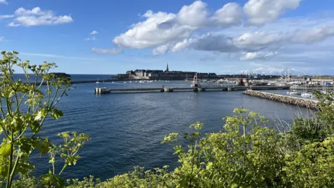 BBC A wide view of working harbour on a sunny day, with a medieval city in the background