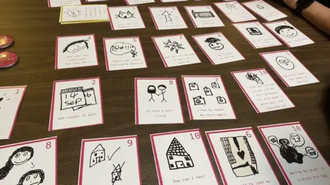Several cards laid out on a wooden table. They are all numbered and have children's drawings on them and writing including faces, a house and objects.