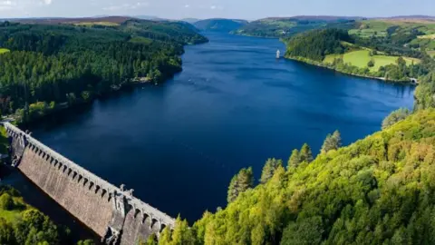 Getty Images Aerial view of Lake Vyrnwy overlooking a grey-brick dam at one end and elsewhere surrounded by trees and rolling green hills