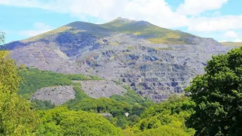 Getty Images The side of a mountain with layers of grey slate visible and green shrubbery below.