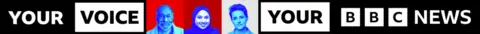 BBC Your Voice, Your BBC News banner image. The writing is in black and white. There are head and shoulder shots of people, coloured blue, against red backgrounds. 