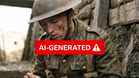 Tony Smith An AI created image of WW1 soldier writing in his diary . He wears a green army uniform peppered with mud and stares thoughtfully at his diary entry. 