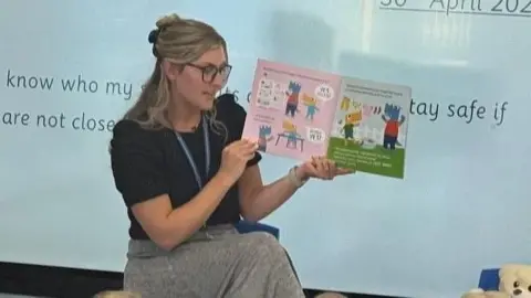 Reception class teacher showing children pictures from the Pantosaurus book.