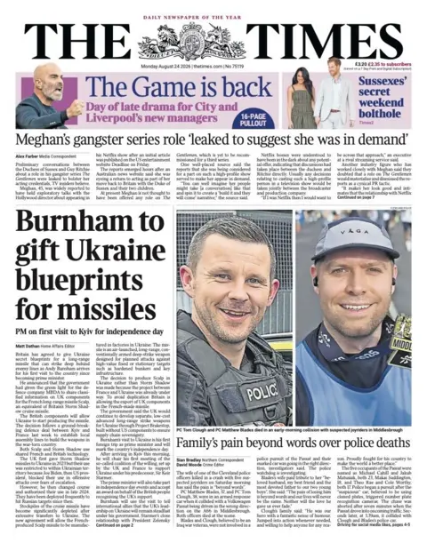 The headline on the front page of the Times reads: “Burnham to gift Ukraine blueprints for missiles”.