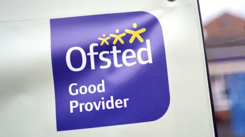 BBC Ofsted sign which reads 'Ofsted Good Provider' written in white on a purple background with yellow stars on it.