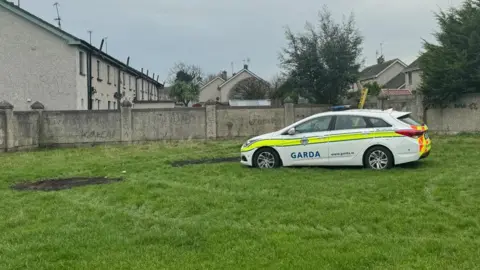 A patch of grass with a Garda car and a white van parked on it. There is a grey brick wall behind the vehicles and some houses in the background. 