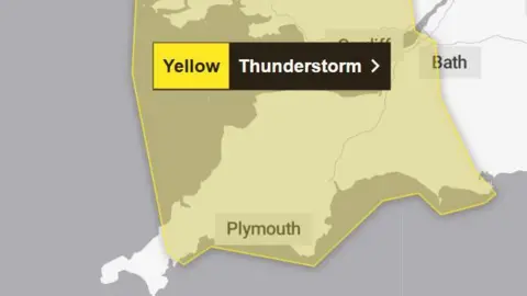 A weather map of the South West of England which shows a yellow thunderstorm warning. The map shows city's such as Plymouth, Bath & Cardiff.