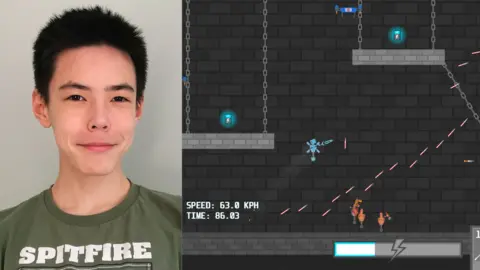 Bafta A picture of Matthew Scott wearing a green t-shirt in a collage with a screenshot from his computer game Overcooked. The screenshot shows There are robots, grey platforms and shooting red lines coming from an object in the sky