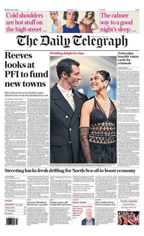 The Daily Telegraph headline reads 'Reeves looks at PFI to fund new towns'