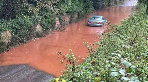 Andy Healey A silver vehicle stuck in flooded water on a road heading into Crediton from Sandford in Devon. The water is brown and there is a wall to the left of the road, with trees and brambles above and hanging down the road. There are also green brambles to right of the road.  