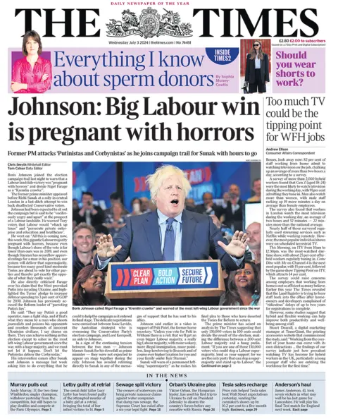 The headline in the Times reads: "Johnson: Big Labour win is pregnant with horrors".