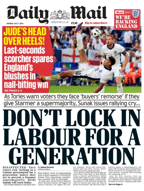 The headline on the front page of the Daily Mail reads: “Don't lock in Labour for a generation