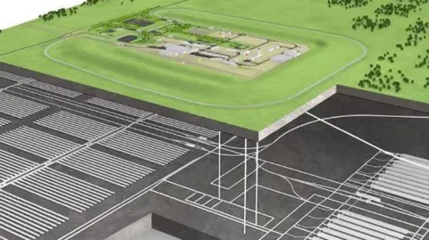 Radioactive Waste Management LTD Artist impression of the proposed site, which shows buildings on an area of green land with trees in the distance and underground tunnels visible as part of the design