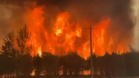 A handout photo made available by the Government of Manitoba shows a large wildfire spreading northwest of the town of The Pas in Manitoba, Canada,
