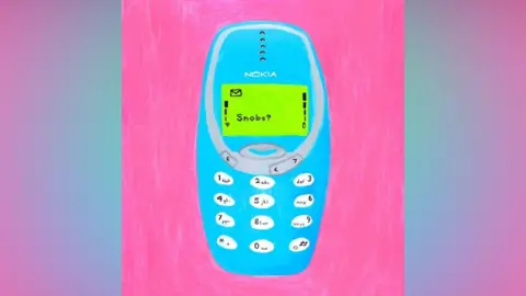 A piece of art which has a pink background and a bright blue Nokia phone on it. The screen is green and lit up and in a black text message it reads "snobs?" referring to a club in Birmingham
