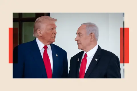 Getty Images Donald Trump greets Benjamin Netanyahu as he arrives at the White House on 7 April 2025 in Washington DC