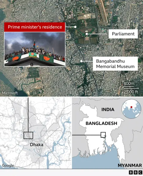 A map showing the city of Dkhaka with locations including the parliament and the Prime Minister's residence labelled