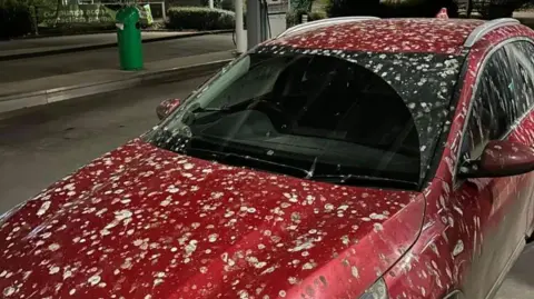 Drew Hammond A red car can be seen covered in bird droppings. There is only a space where the windscreen has been cleaned that is free from bird mess. 