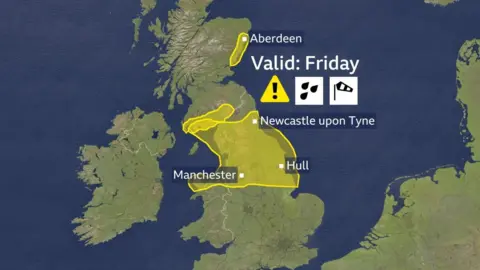 BBC Weather bbc weather graphic of a map of the UK with a yellow area shaded across northern England, south-west Scotland and eastern Scotland showing the Met Office warnings