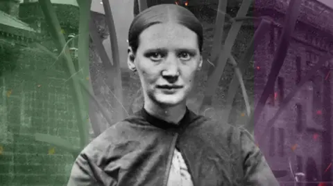 A composite image which includes a black and white photograph of a woman who is looking into the camera. She has her hair tied back and is wearing a sort of cape which is tied at the bottom of the neck and a white blouse underneath. Behind her are old pictures of the prison which are coloured in green on the left and purple on the right.