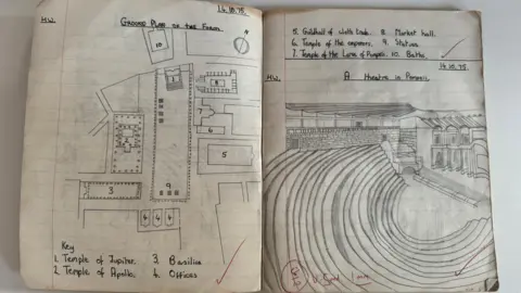 Humphry Davy School Two pages of the exercise book. The left shows a drawing labelled 'Ground plan of the forum' which has temples detailed. The right page has a drawing of an amphitheatre labelled 'A theatre in Pompei'. A teacher has marked this drawing in red pen '8/10 V. Good'.