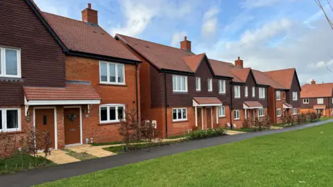 Red brick houses which have been built on The Street in Tongham over the last few years. The houses all look very new and the front gardens and green in front are very tidy.