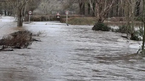 BBC Weather Watchers/slider A flooded road with trees and speed signs visible above the water