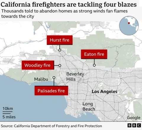 A BBC map plots the locations of three fires being battles by California wildfires in the Los Angeles area - the Palisades, Hurst, Eaton and Woodley fires. The three blazes are located to the north-west of LA. Malibu and Beverley Hills are noted as being fairly close to the Palisades fire - whose flames are being fanned towards central LA by winds