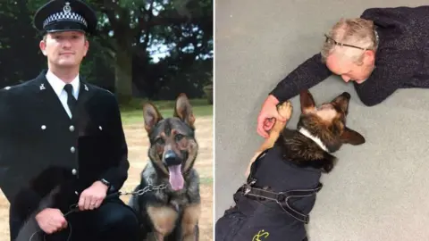 Herts Police A split screen shot showing Dave Wardell and Finn both on duty and at home