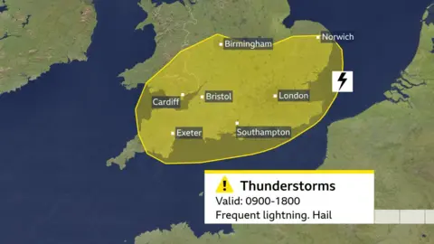A map of the UK showing a yellow weather warning for thunderstorms across southern England, parts of the Midlands and south Wales.