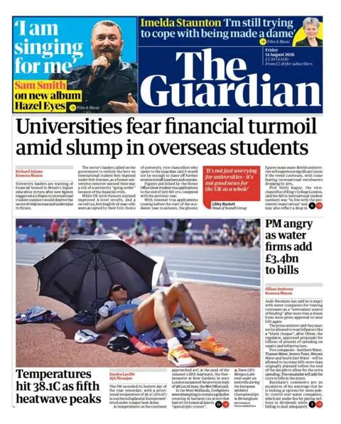 The headline on the front page of the Guardian reads: "Universities fear financial turmoil amid slump in overseas students."