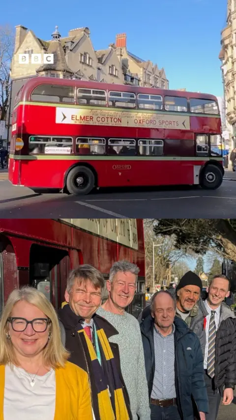 A split picture with an old red bus at the top, and six people standing in a row at the bottom.